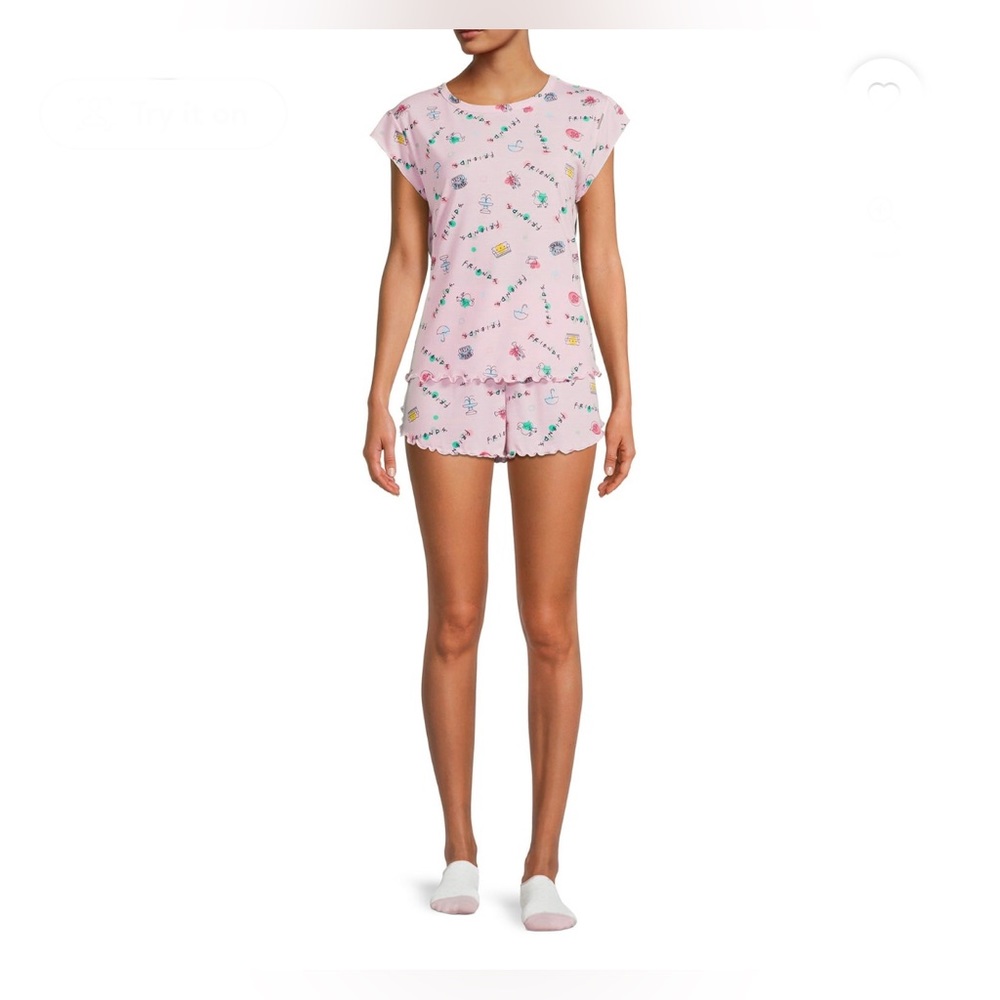 Friends character pink cotton 3 piece pajama top, shorts socks set size M (8-10)